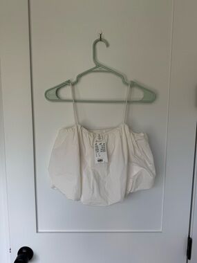 H&M White Puff-Sleeve Spaghetti Strap Tank Top